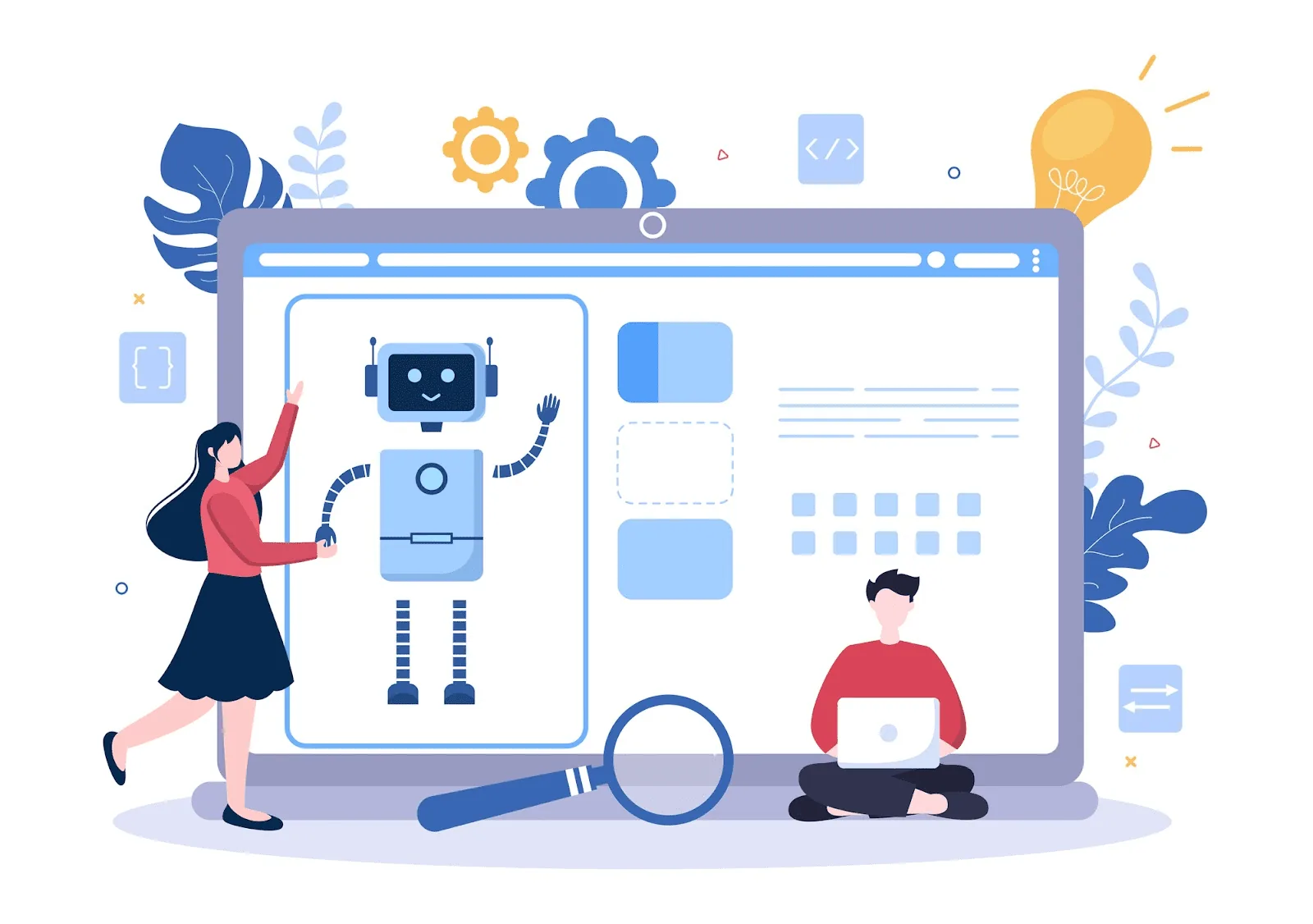 Illustration of people building an AI chatbot robot on a large web browser screen