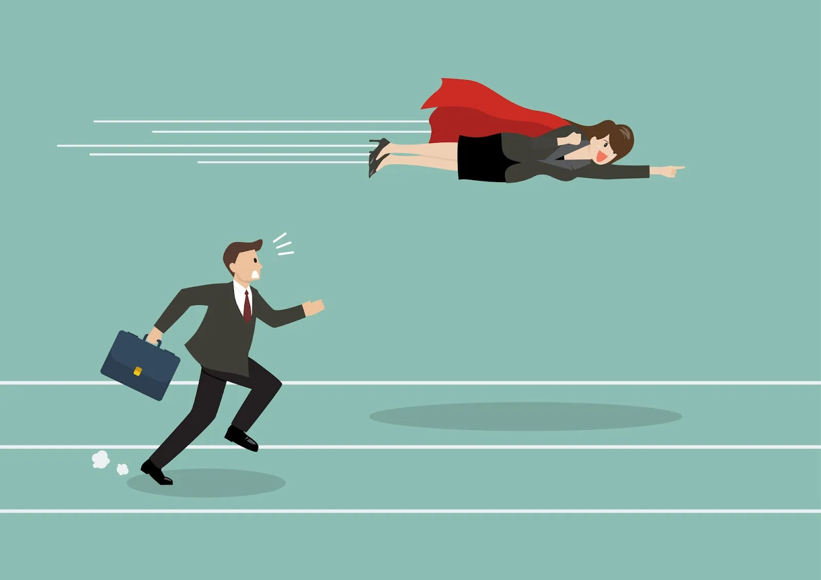 Cartoon businesswoman in a superhero cape flying past a running businessman, illustrating business competition