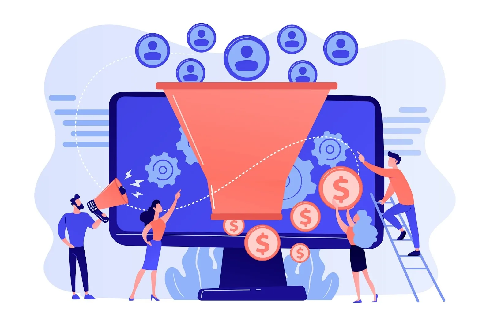 Illustration of a sales funnel turning website visitors into revenue, with marketers promoting and collecting leads