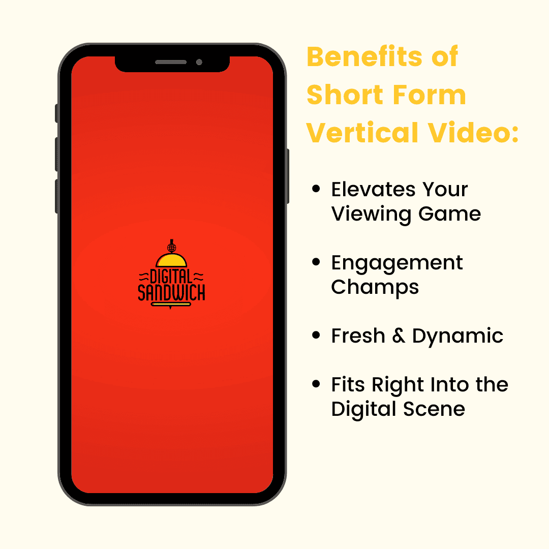 Benefits of short form vertical video: better viewing, high engagement, fresh and dynamic, and fits the digital scene