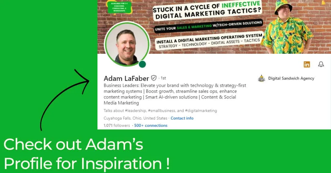 Adam LaFaber's LinkedIn profile with banner, headline and Cuyahoga Falls location, shown as an example to follow