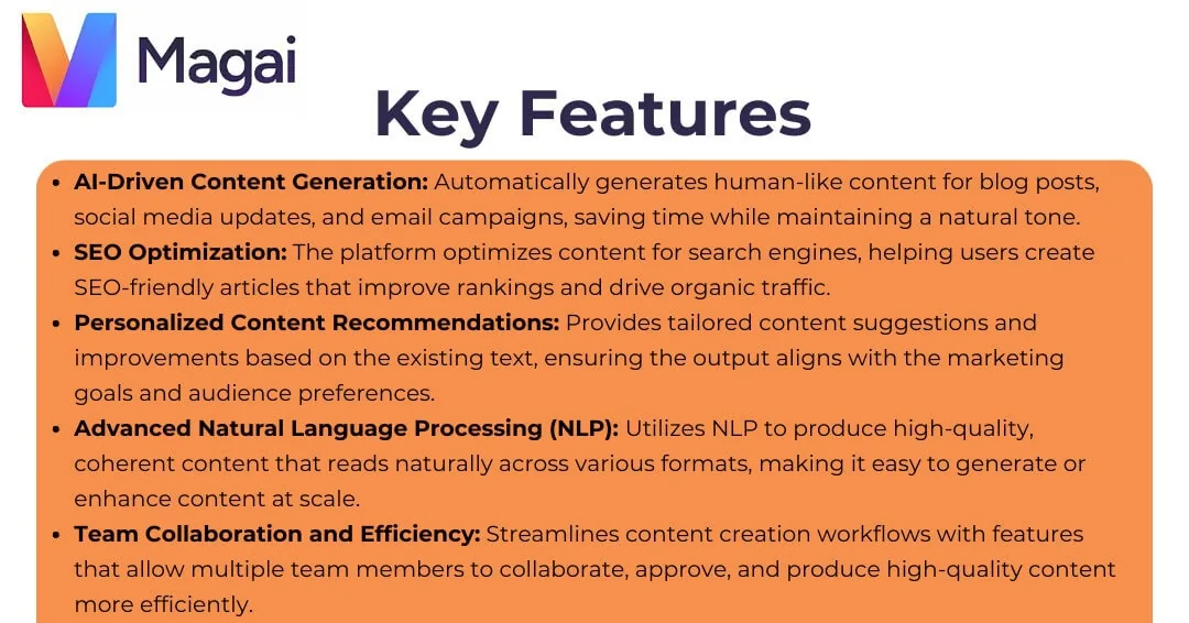 Magai key features: AI content generation, SEO optimization, personalized recommendations, NLP and team collaboration