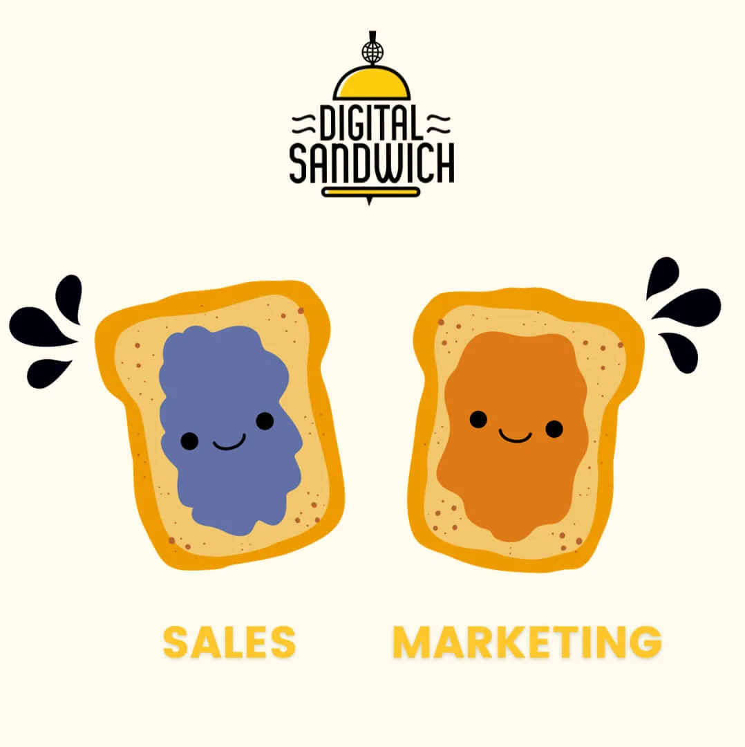 Cartoon toast slices with jam labeled sales and marketing, showing the two belong together