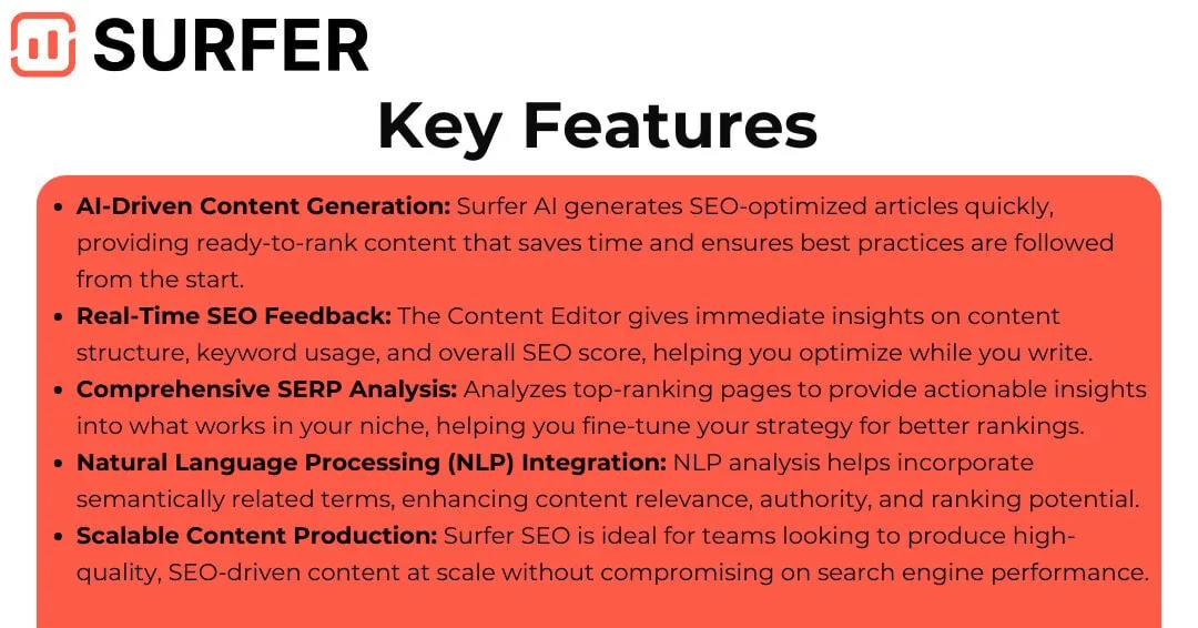 Surfer key features: AI content generation, real-time SEO feedback, SERP analysis, NLP integration and scalable content